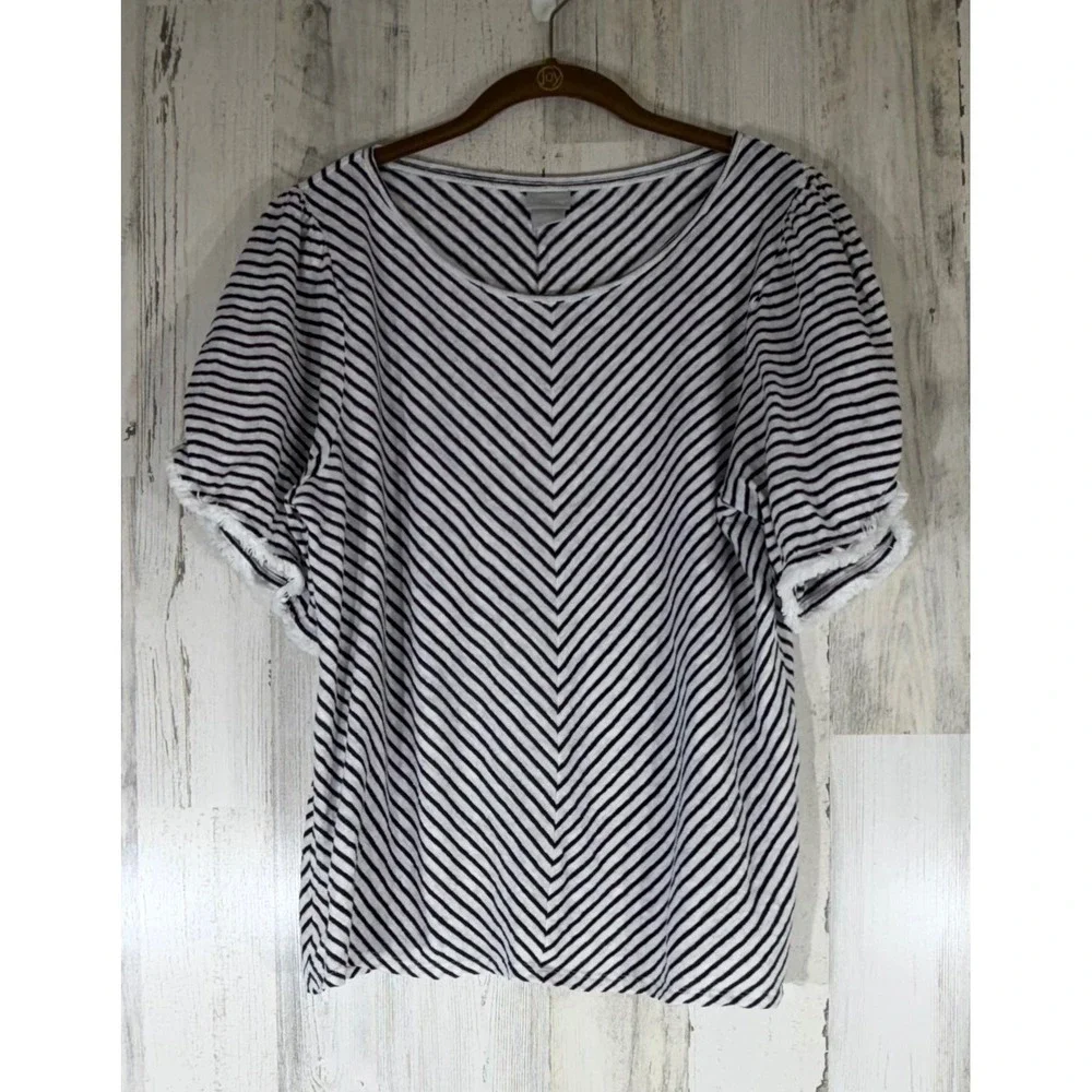 Chicos Blouse Size 2 or Large‎ Black White Stripe Puff Sleeve Frayed Fringe Hem